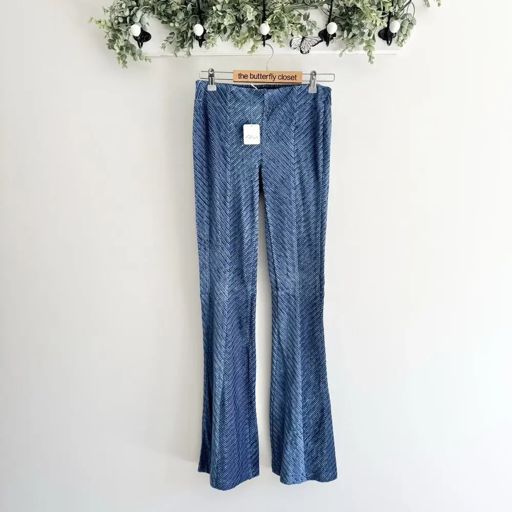 Free People Blue Velvet Eventide Flare Ribbed Pants New XS Elastic Waist TS